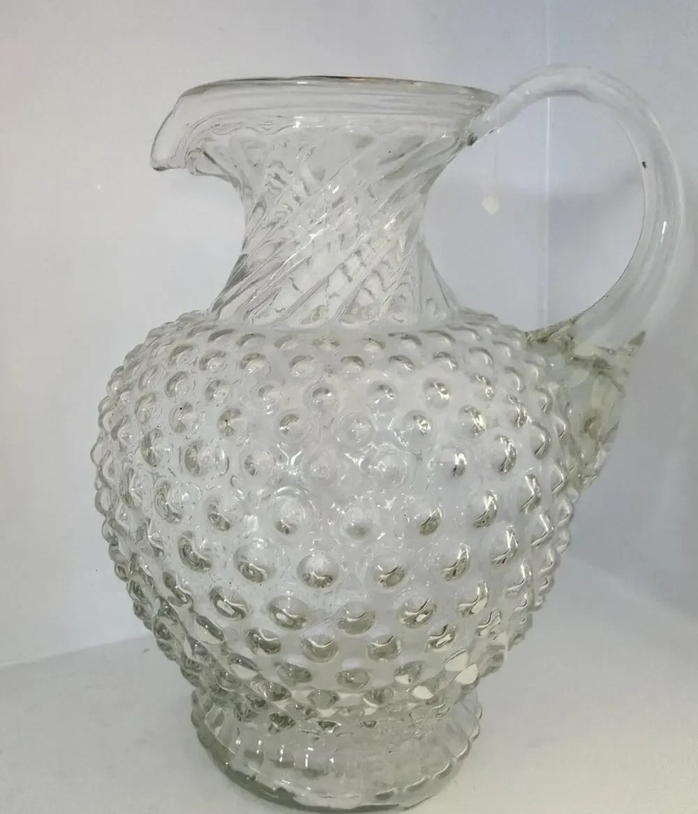 Tiara Indiana Glass Crystal Clear Hobnail Drink Pitcher Swirl Top Vintage 8.75”